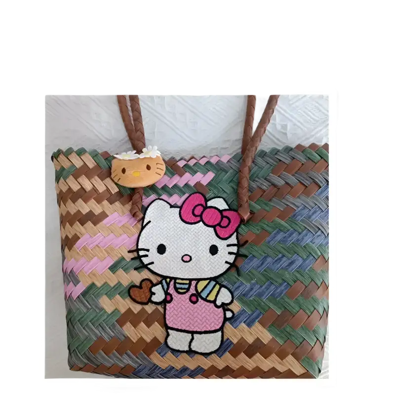 Woven tote bag with Hello Kitty embellishments.