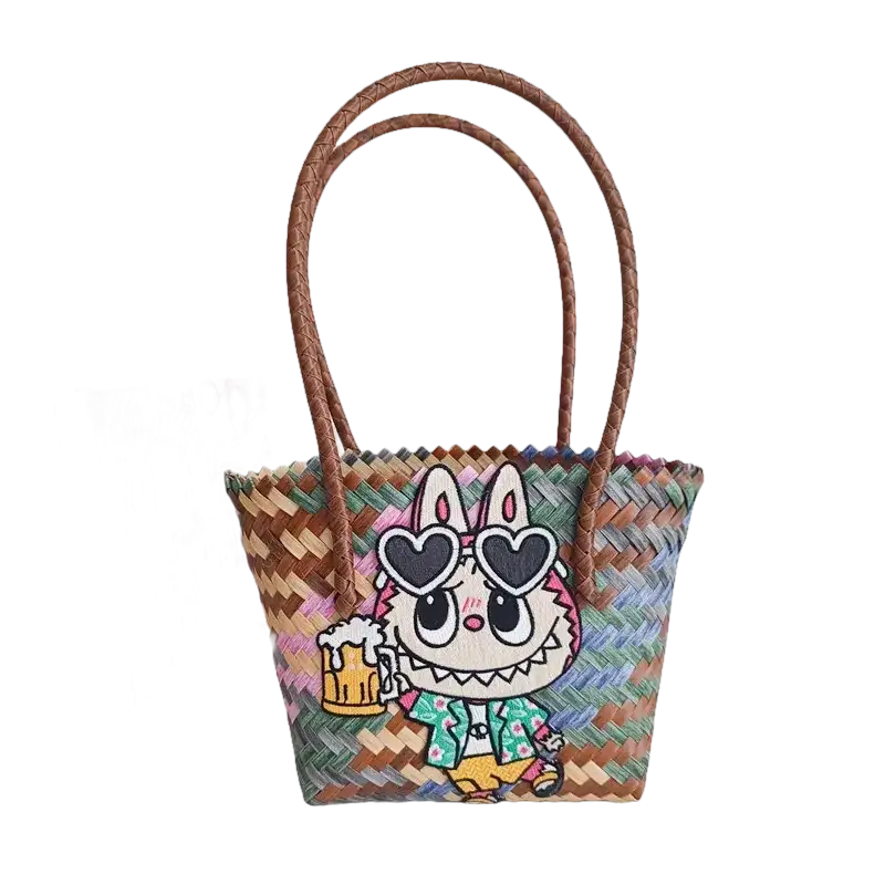Woven tote bag with cartoon bunny.