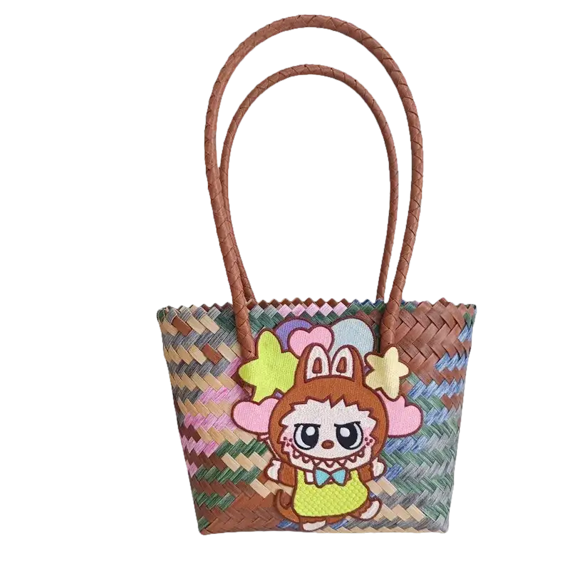 Woven tote bag with cartoon character.