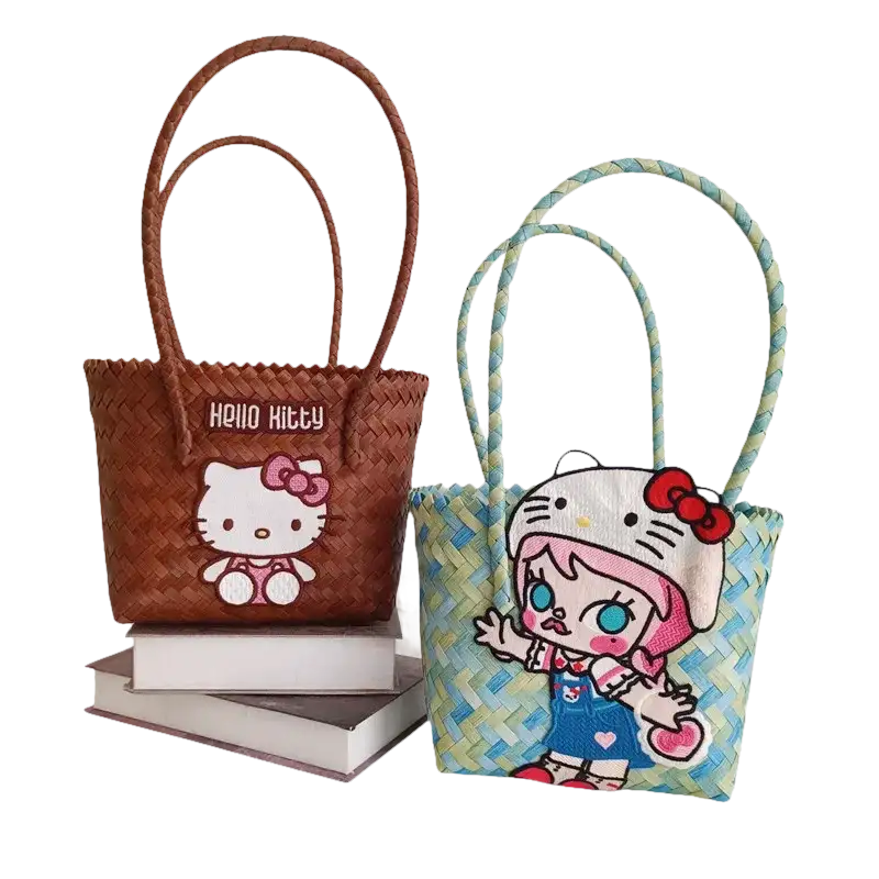 Two Hello Kitty woven handbags.