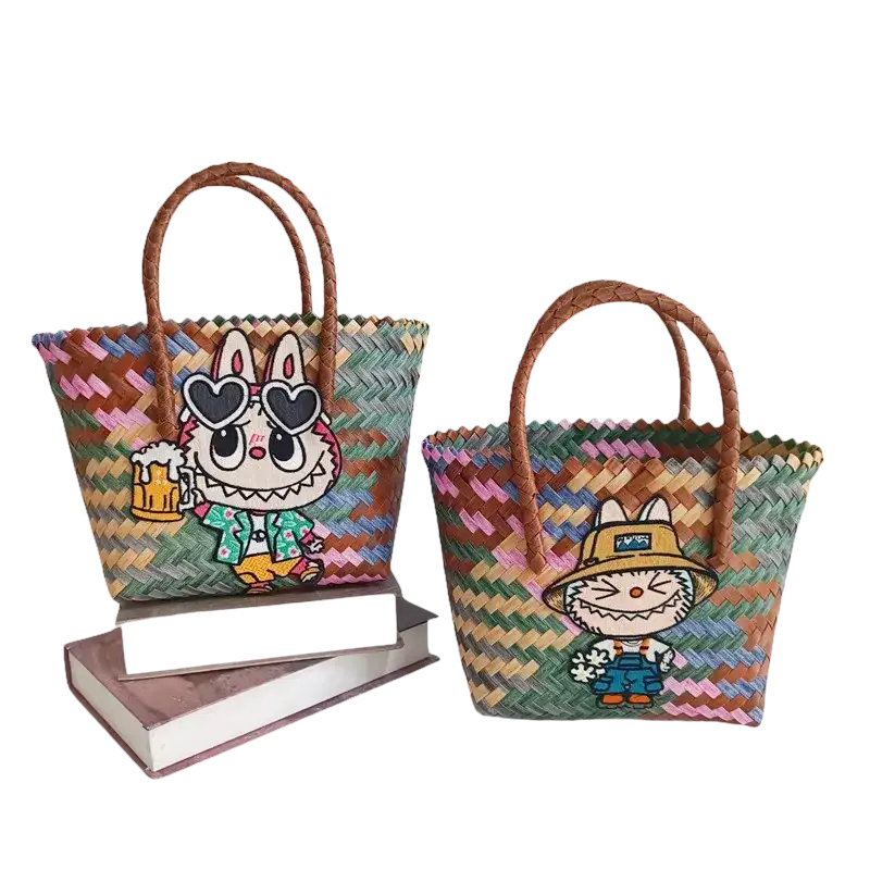Two woven tote bags with cartoon patches.