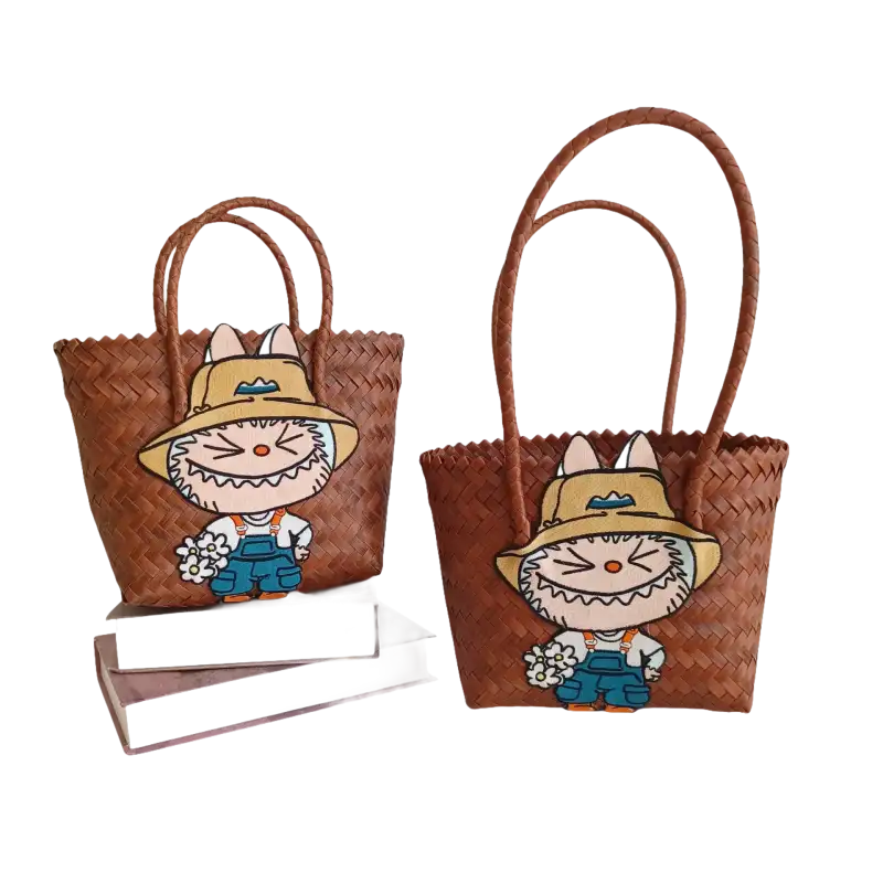 Two brown woven tote bags with cartoon rabbit patches.