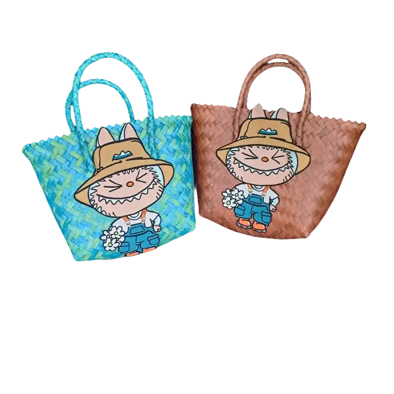 Two woven tote bags with cartoon character.