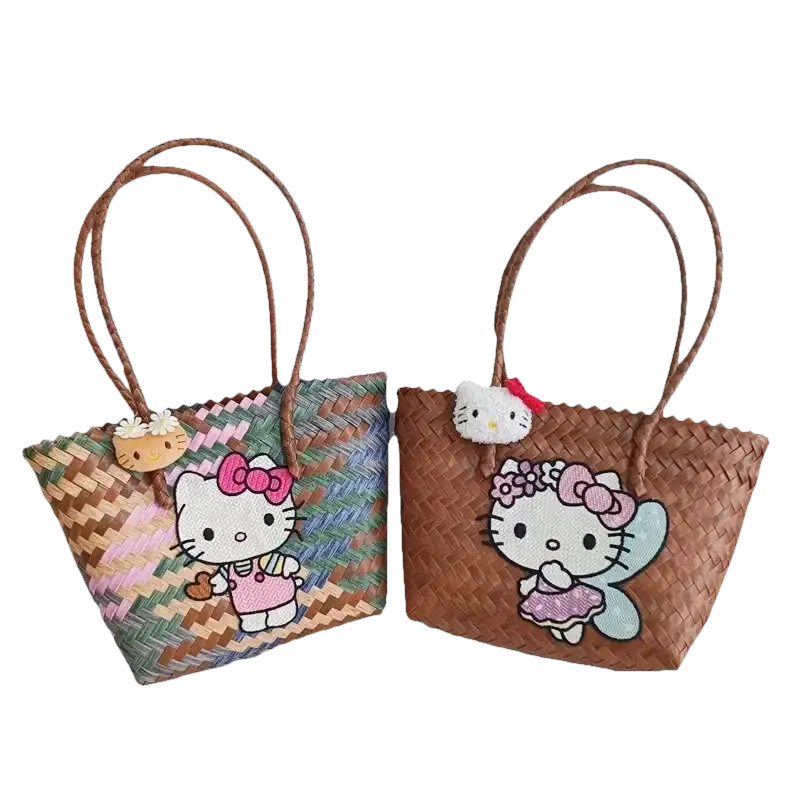 Two Hello Kitty woven tote bags.