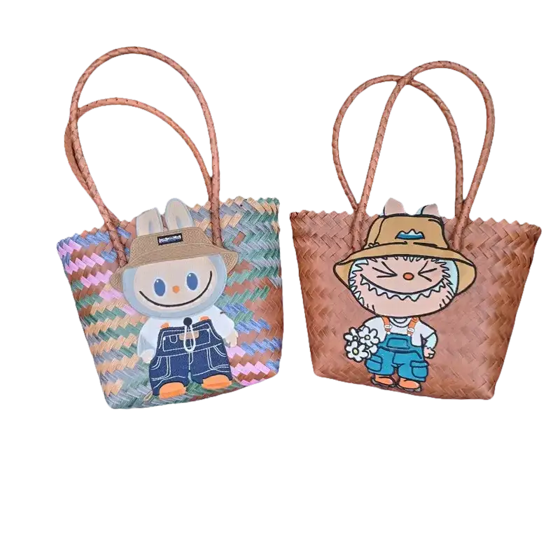 Two woven tote bags with cartoon character appliqués.