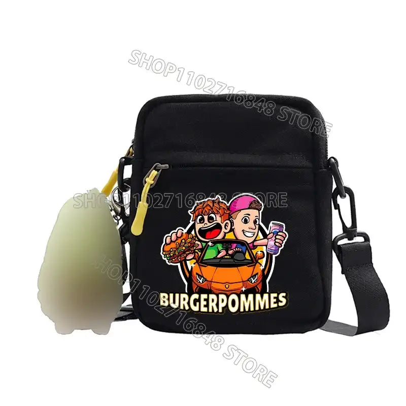 Black cartoon-themed crossbody bag.