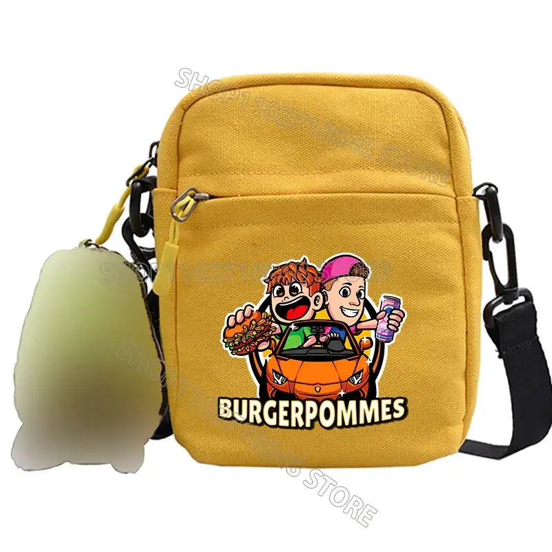 Yellow canvas crossbody bag.