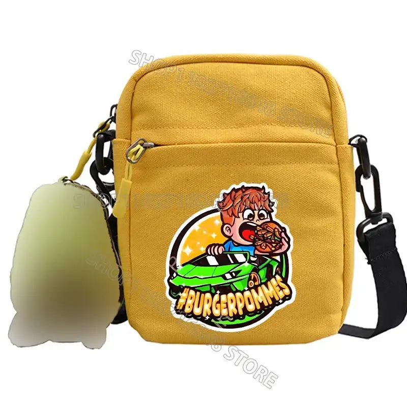 Yellow canvas crossbody bag.