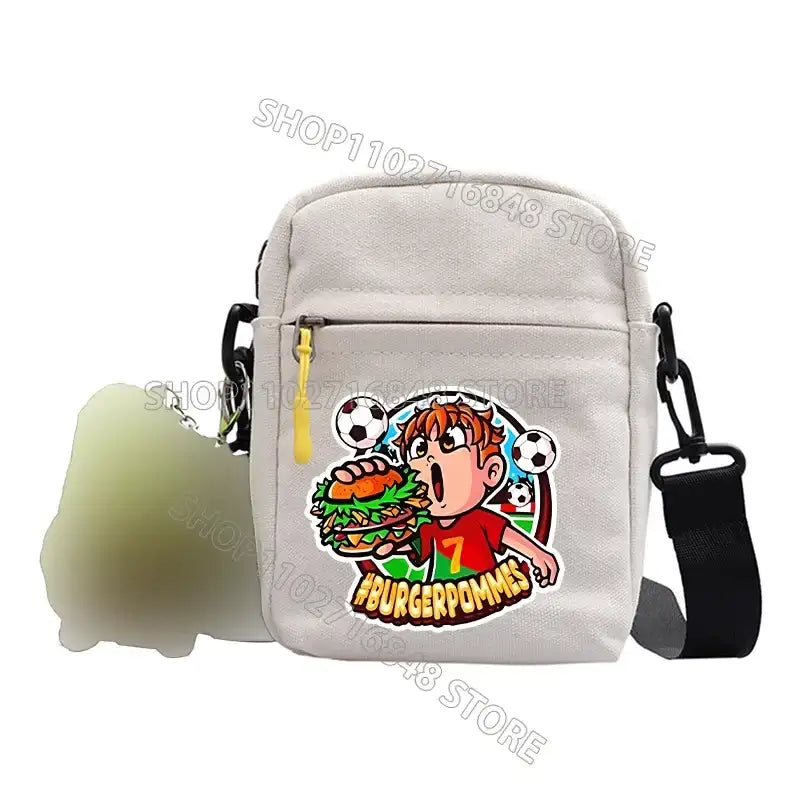 Gray canvas crossbody bag.
