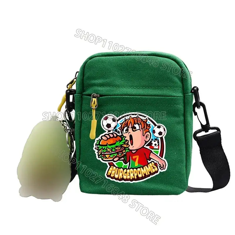 Green crossbody bag with cartoon patch.