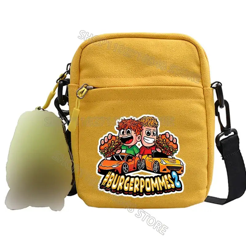 Yellow canvas crossbody bag.