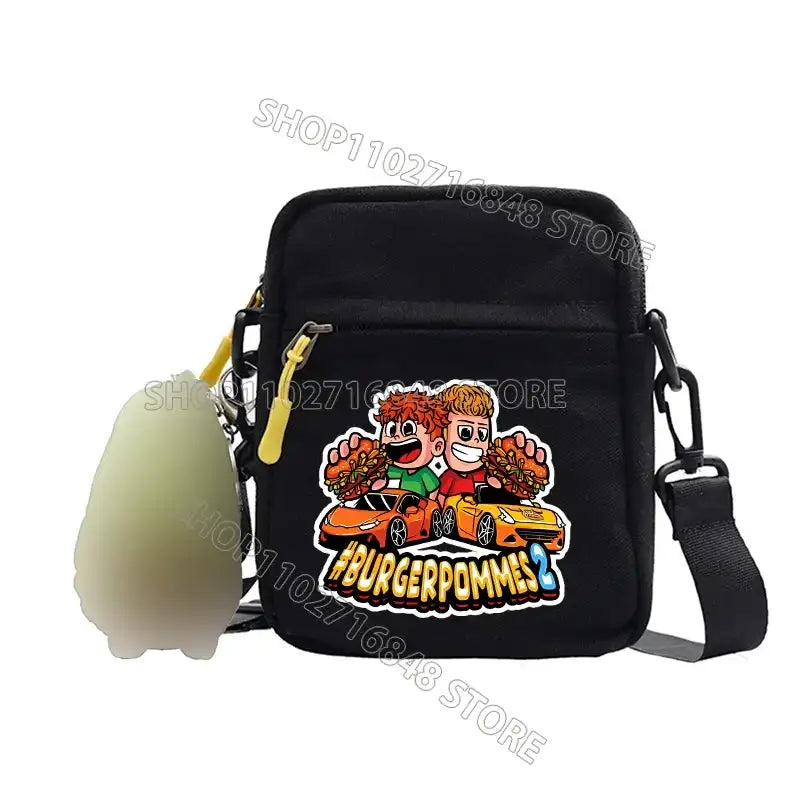 Black shoulder bag with cartoon sticker.
