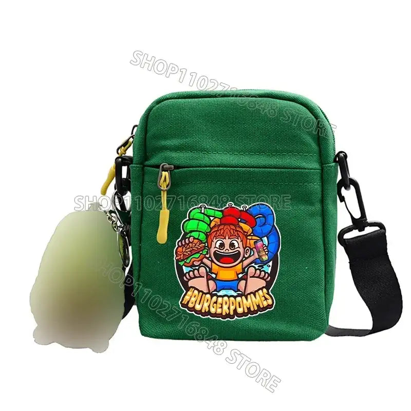 Green canvas crossbody bag.