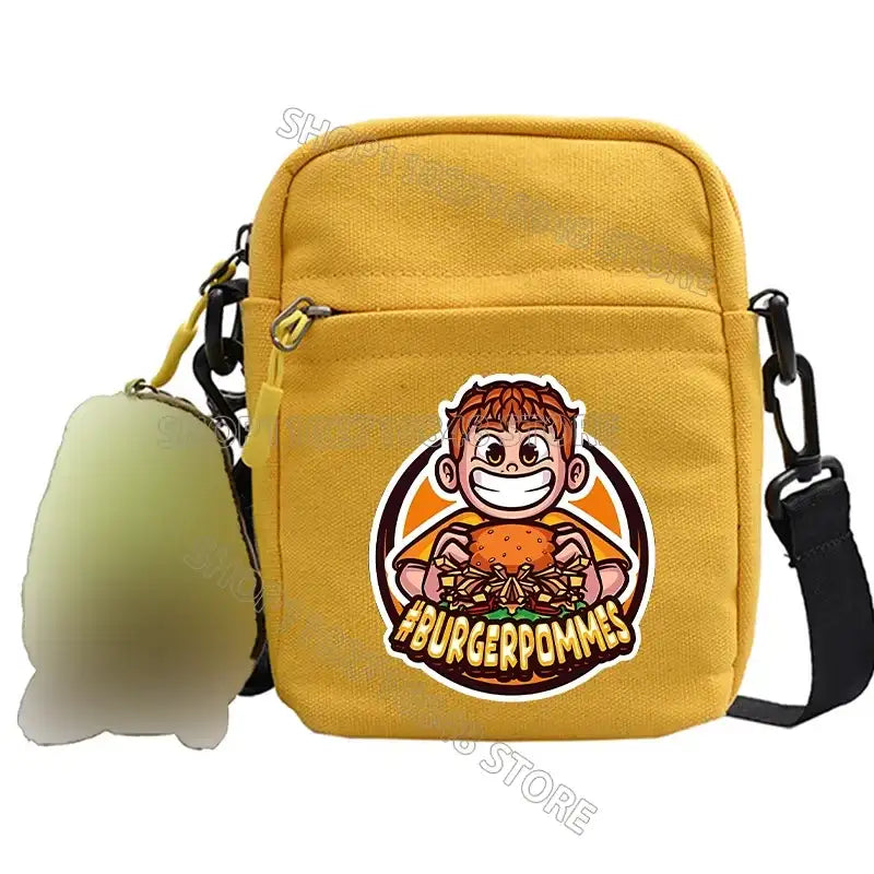 Yellow canvas crossbody bag.