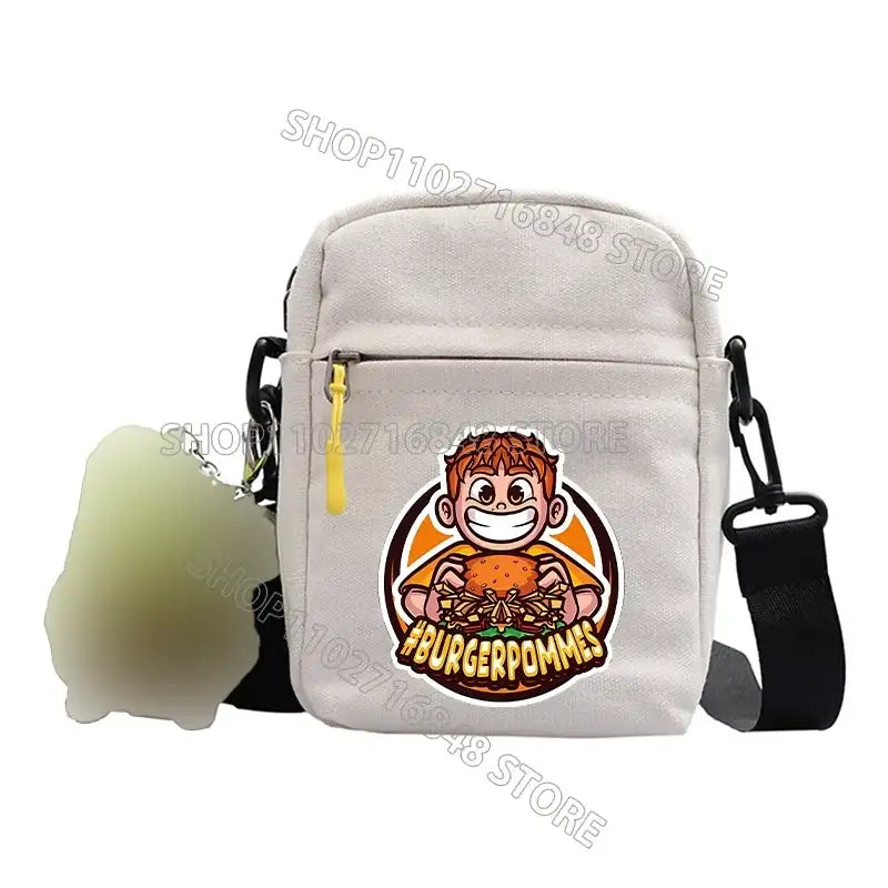 Beige canvas crossbody bag.