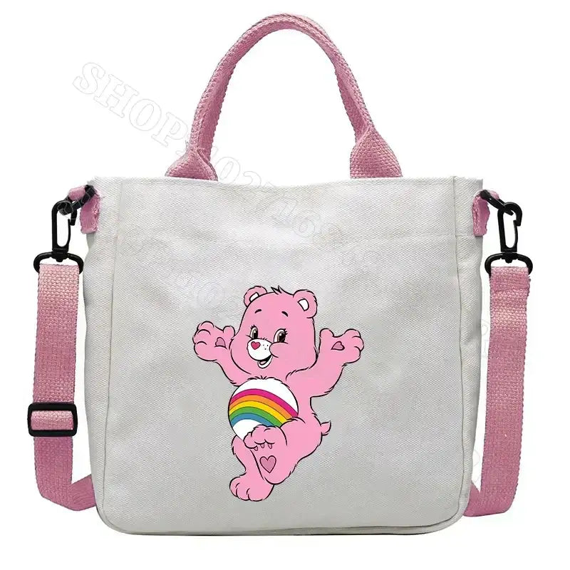 White tote bag with pink accents and Care Bear design.