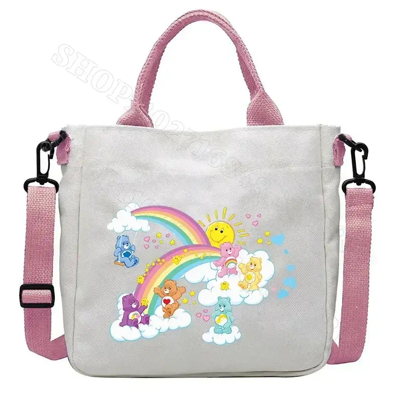 Care Bears tote bag with pink straps.