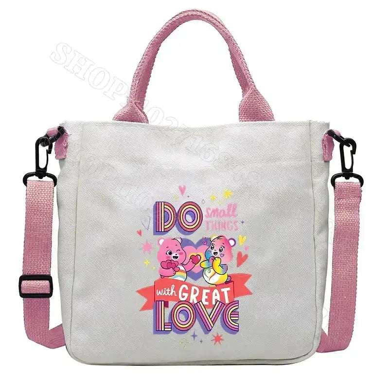White canvas tote bag with pink accents.