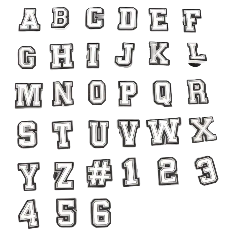 Black and white varsity-style letter and number charms.