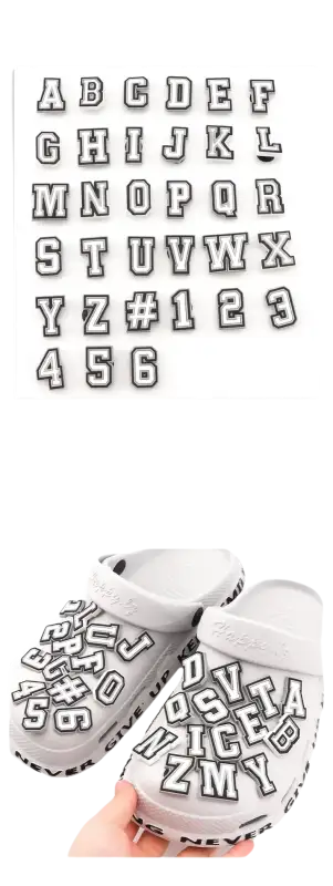 Customizable letter and number shoe charms.