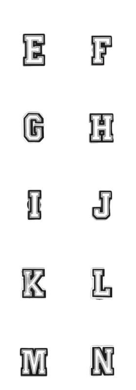 Varsity-style alphabet letters.