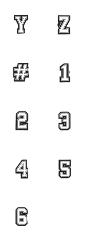 Varsity-style letters and numbers.