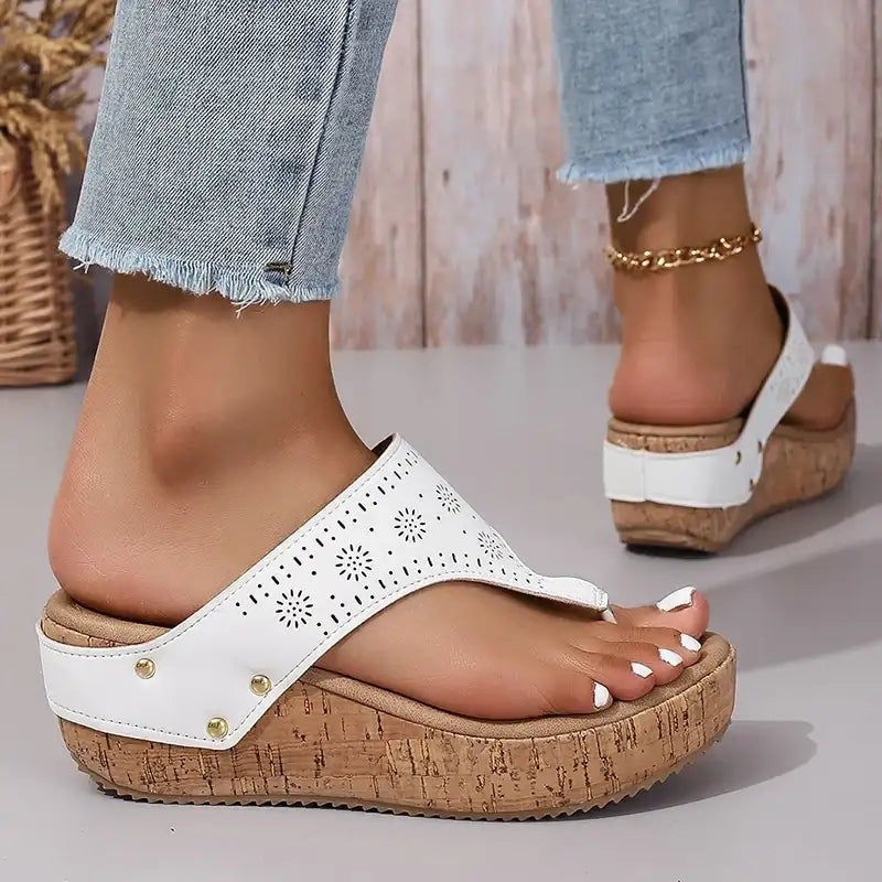 Women’s Chunky Wedges Flip Flops Hollow Out Thick Bottom Clip Toe Sandals Women Summer Non Slip Platform Beach Slippers