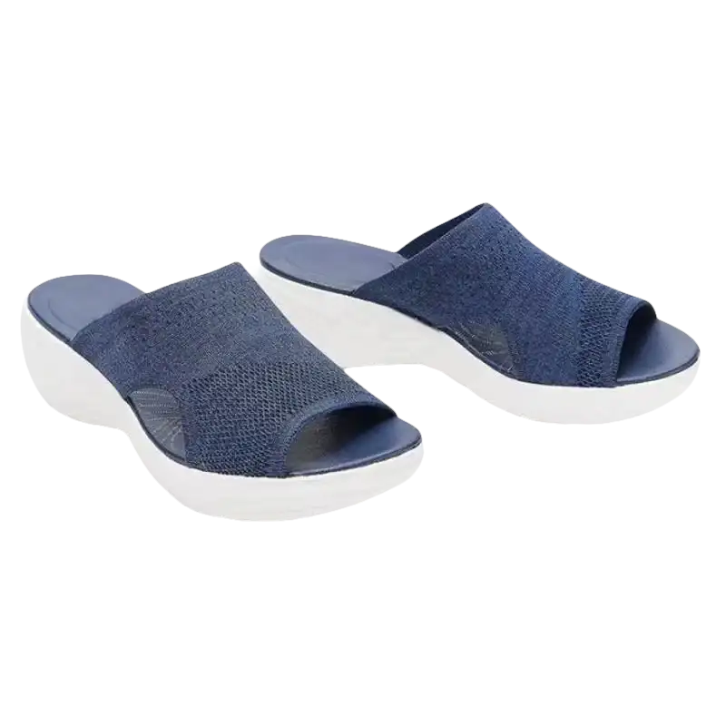 Pair of blue knit wedge sandals.