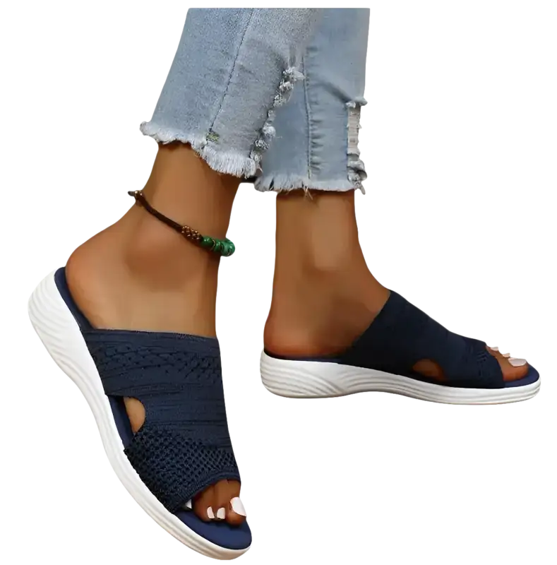 Navy blue knit slide sandals.