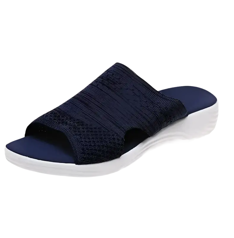 Navy blue knit slide sandal.