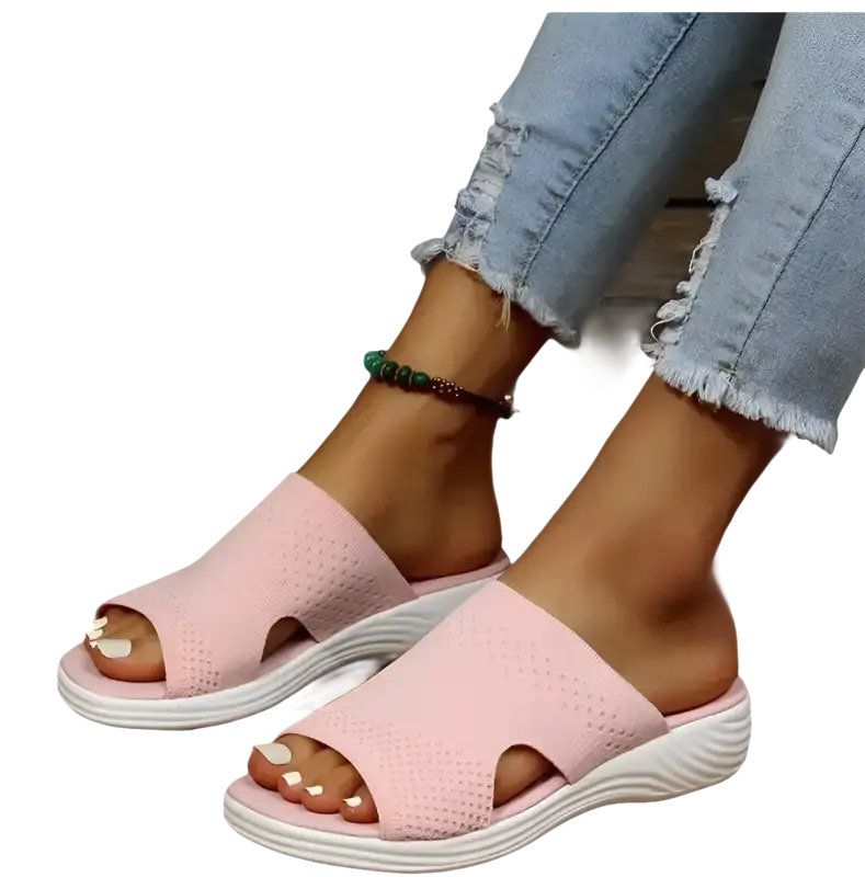 Pink knit slide sandals.