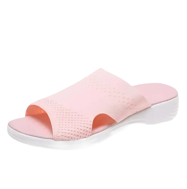 Pink knit slide sandal.