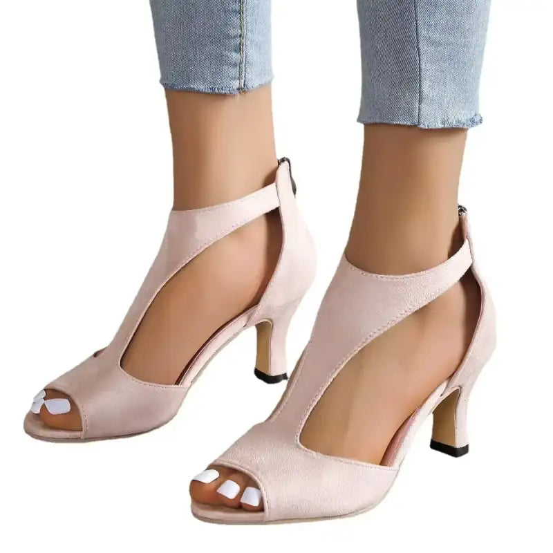 High Heel Womens Fashion Shoes - Zipper Back Closure Chunky French Heel Round Toe T-strap Design Faux Leather Upper