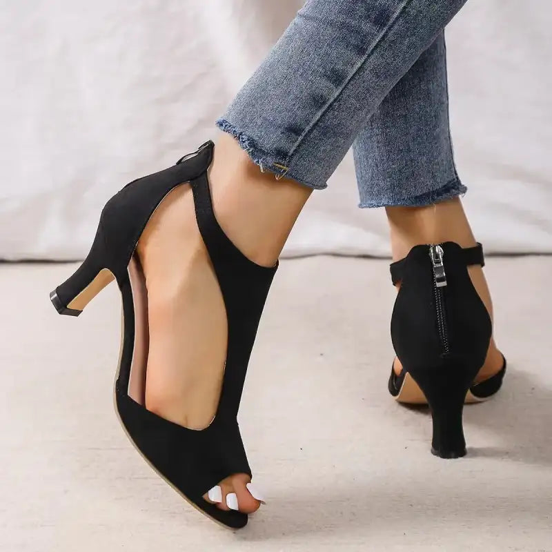 High Heel Womens Fashion Shoes - Zipper Back Closure Chunky French Heel Round Toe T-strap Design Faux Leather Upper