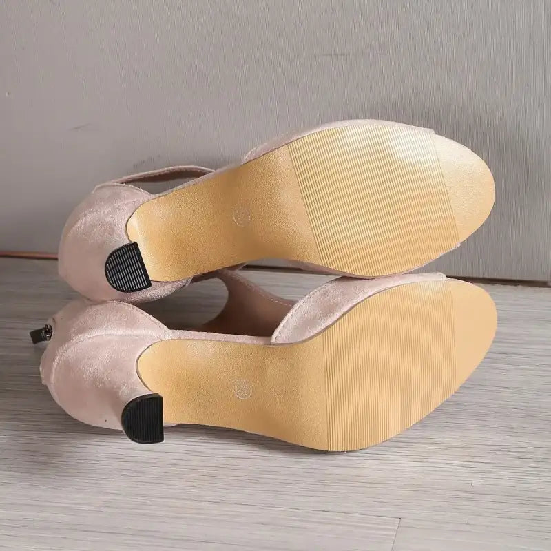 High Heel Womens Fashion Shoes - Zipper Back Closure Chunky French Heel Round Toe T-strap Design Faux Leather Upper
