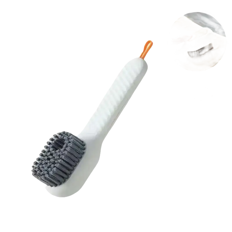 White cleaning brush with gray bristles.