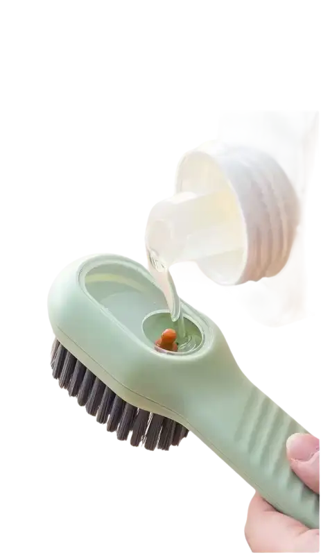 Green cleaning brush with refillable reservoir.