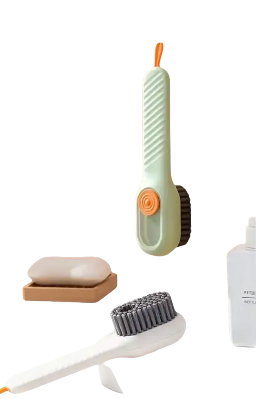 Multifunctional shoe brush with liquid dispensing handle.