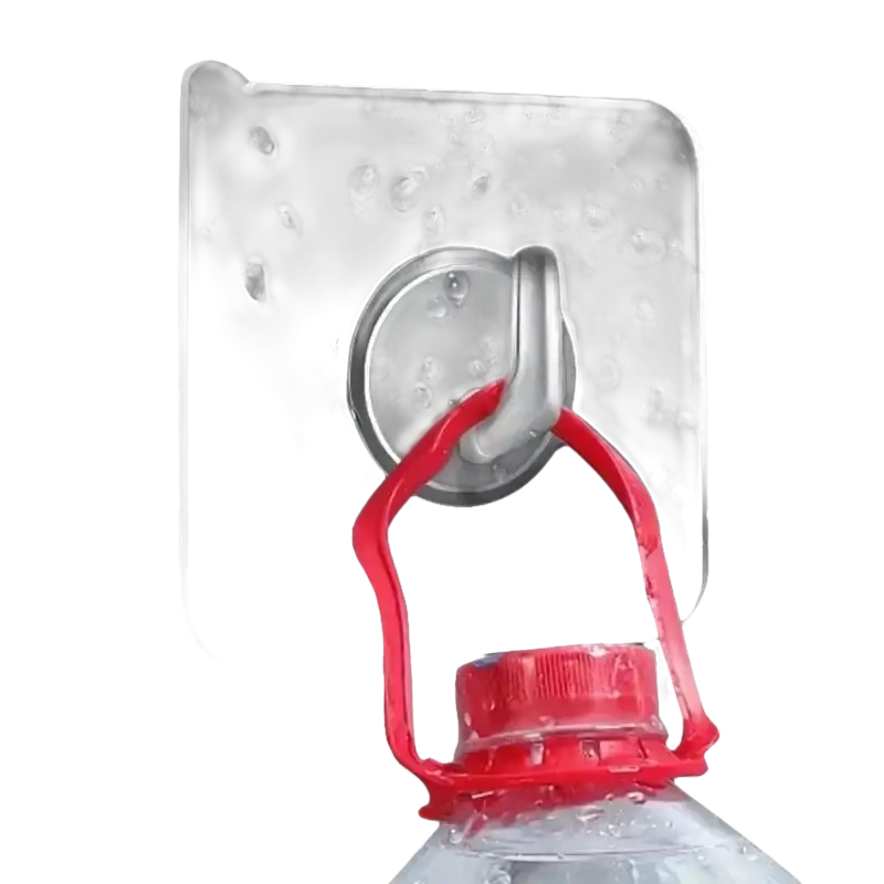 Adhesive wall hook holding water bottle.