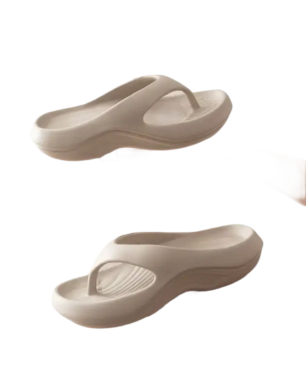 Beige platform flip-flops.