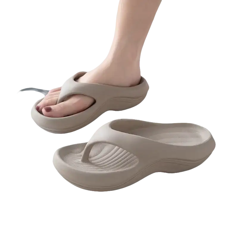 Beige platform flip-flops.