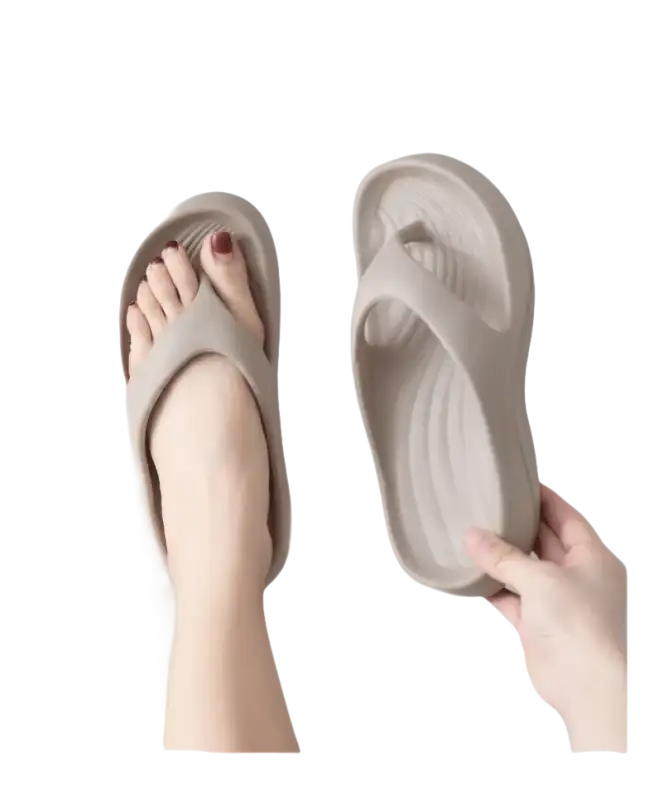 Beige platform flip-flops.