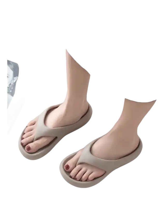 Beige platform flip-flops.