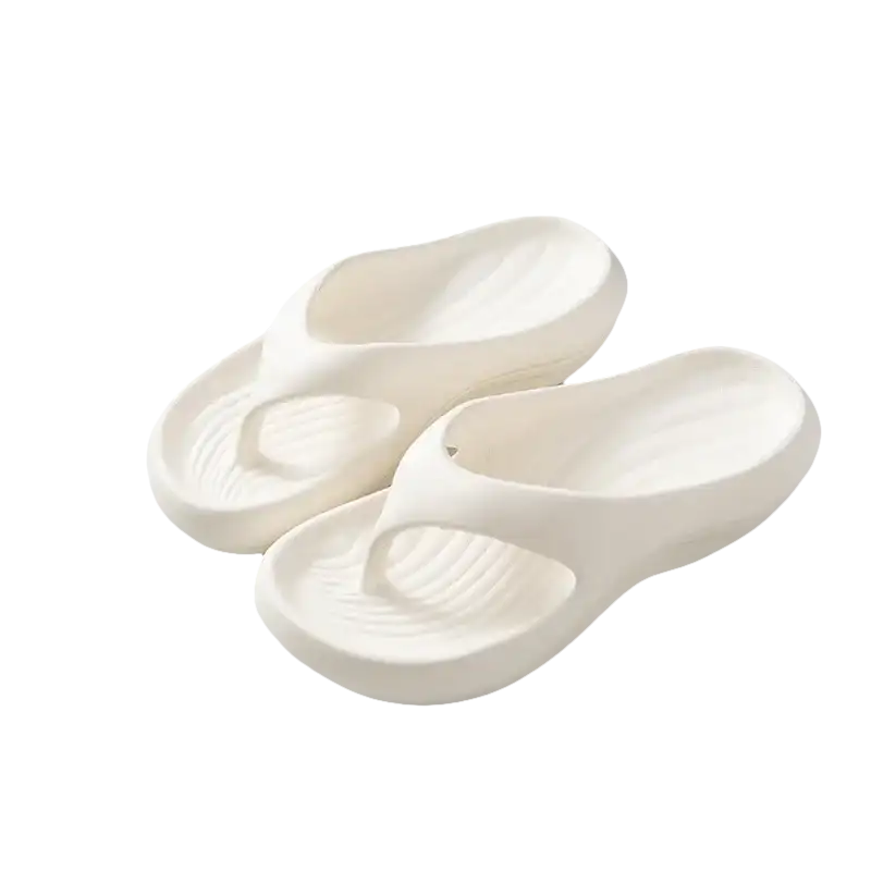 Pair of white, cushioned flip-flops.
