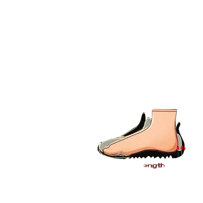 Shoe size chart with foot measurement guide.