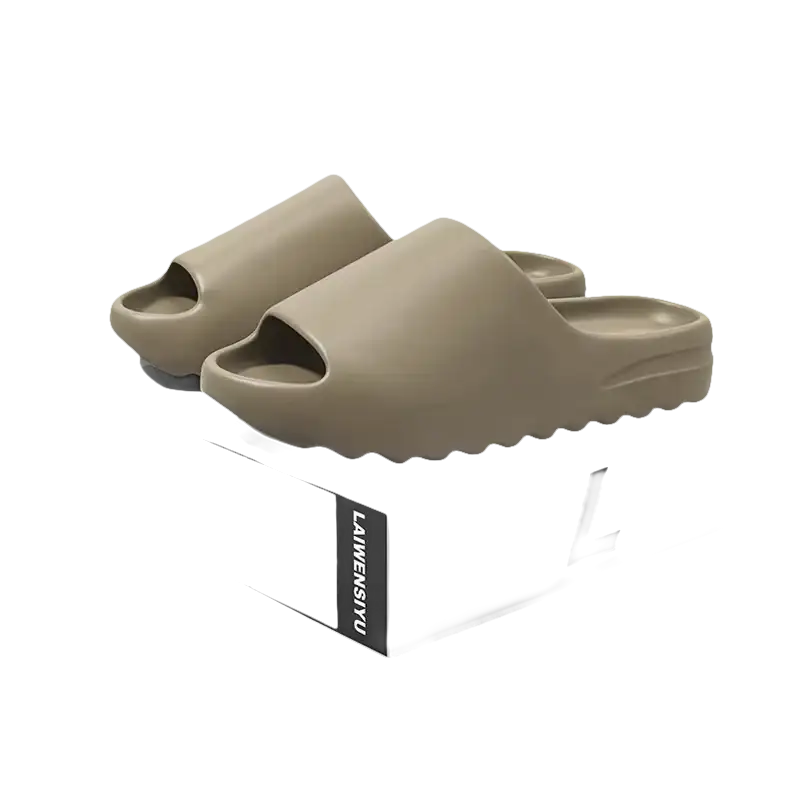 Beige slide sandals.