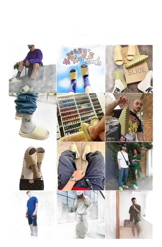 Collage of people wearing Yeezy slides.