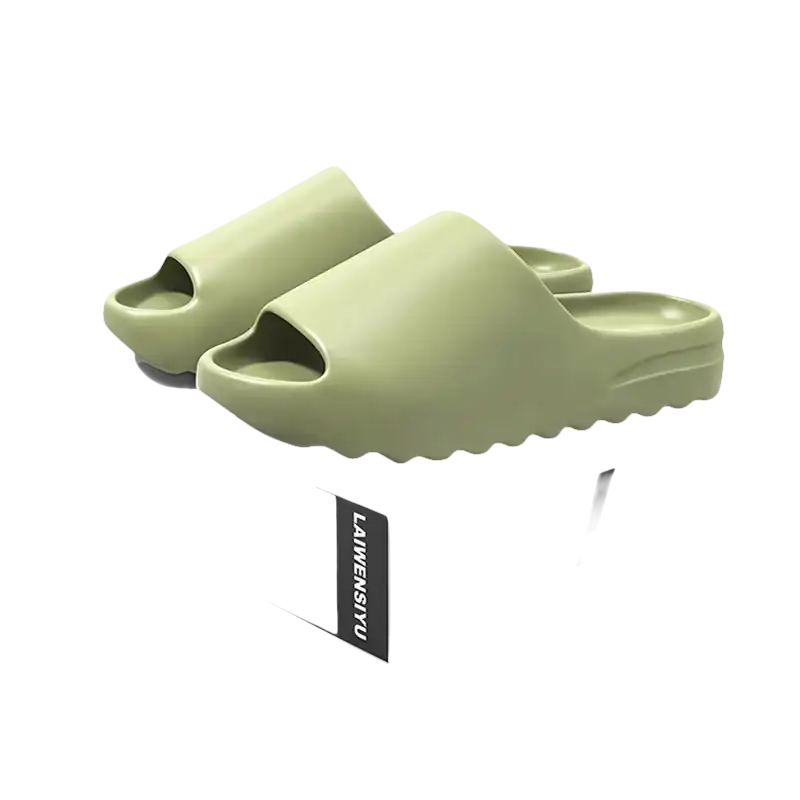 Green slide sandals.