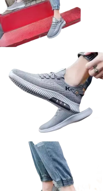 Gray athletic shoes.
