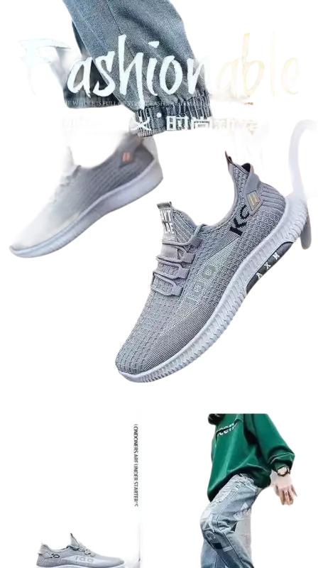 Gray athletic shoes.